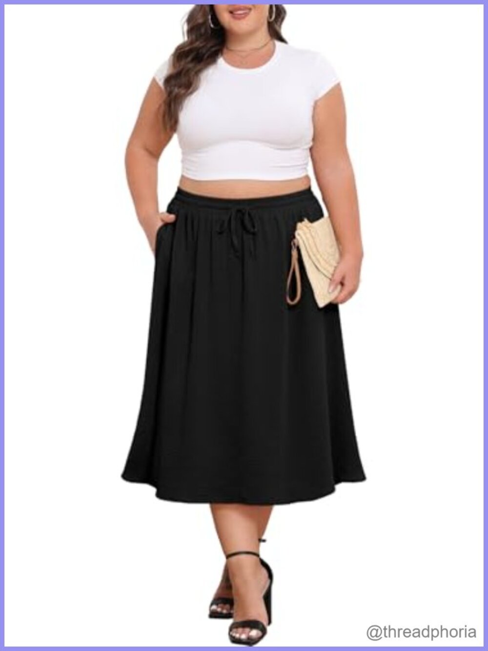 Plus Size High Waisted Midi A-Line Flowy Skirt with Pockets